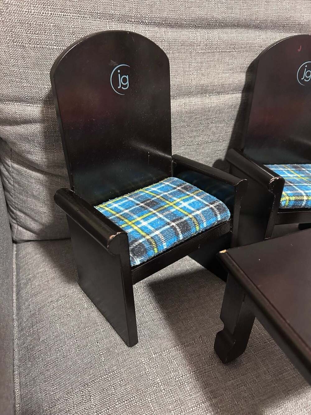 Journey Girls Wooden Doll Table and Chairs Set with Blue Plaid Cushions - Picture 2 of 7